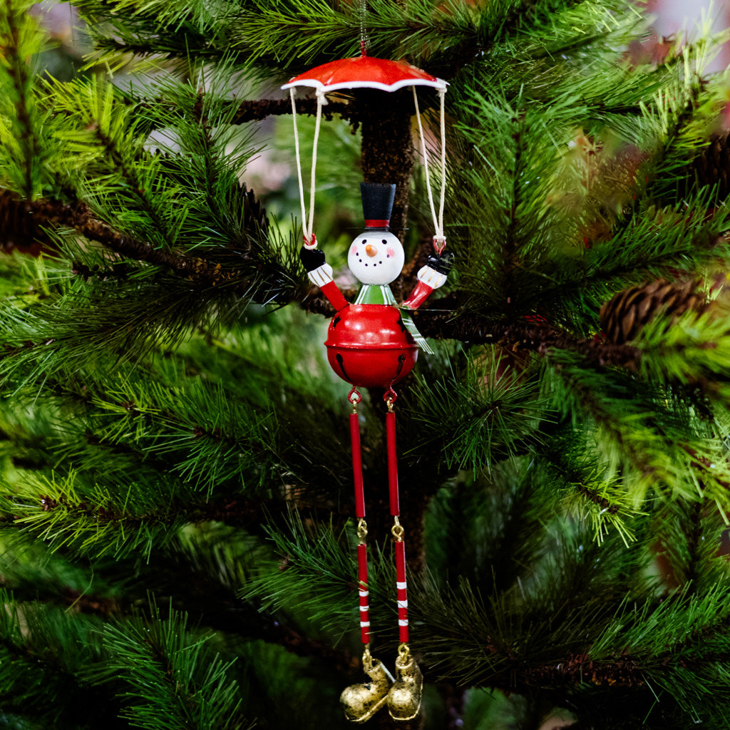 Metal Parachuting Snowman with Dangling Legs