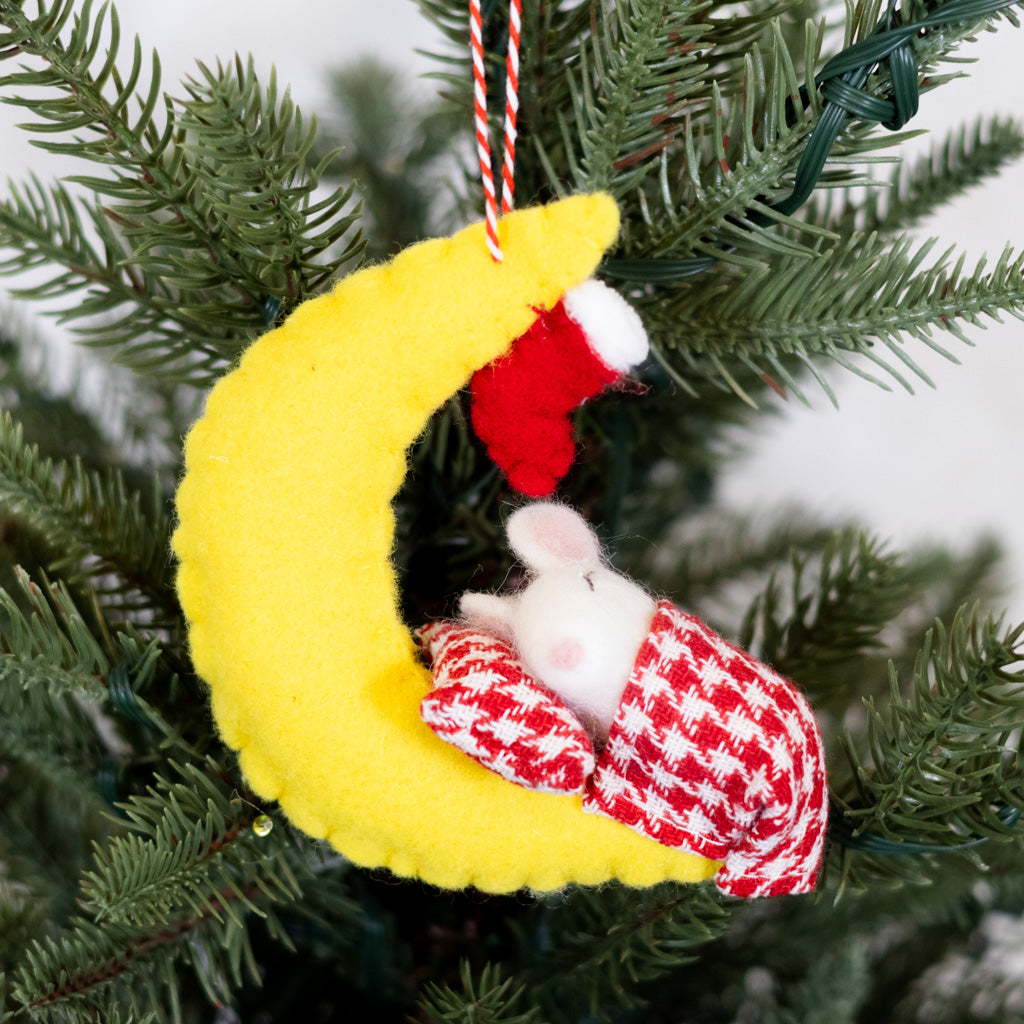 Felt Mouse Under Crescent Moon Ornament