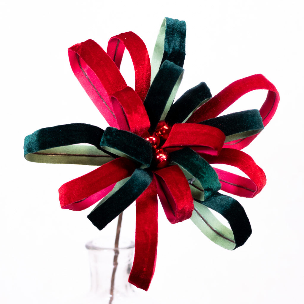 Holiday Loop Flower Velvet Red Green Stem