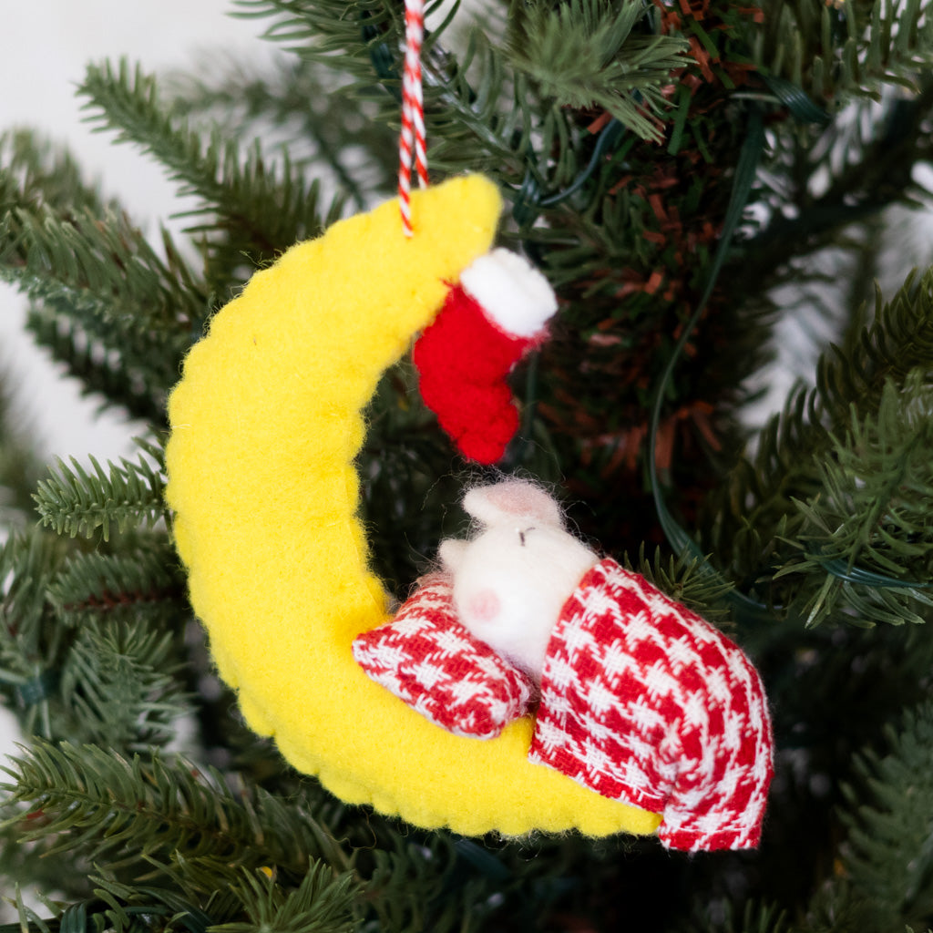 Felt Mouse Under Crescent Moon Ornament