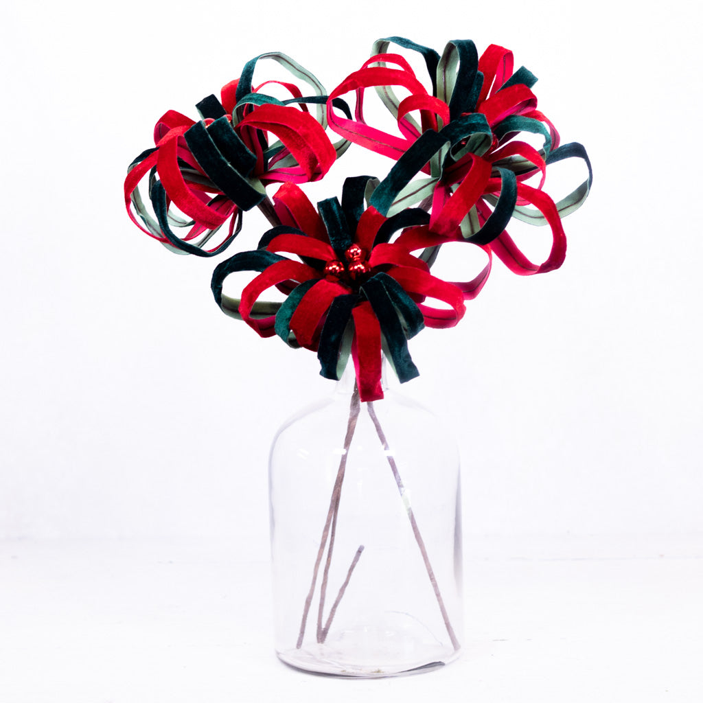 Holiday Loop Flower Velvet Red Green Stem