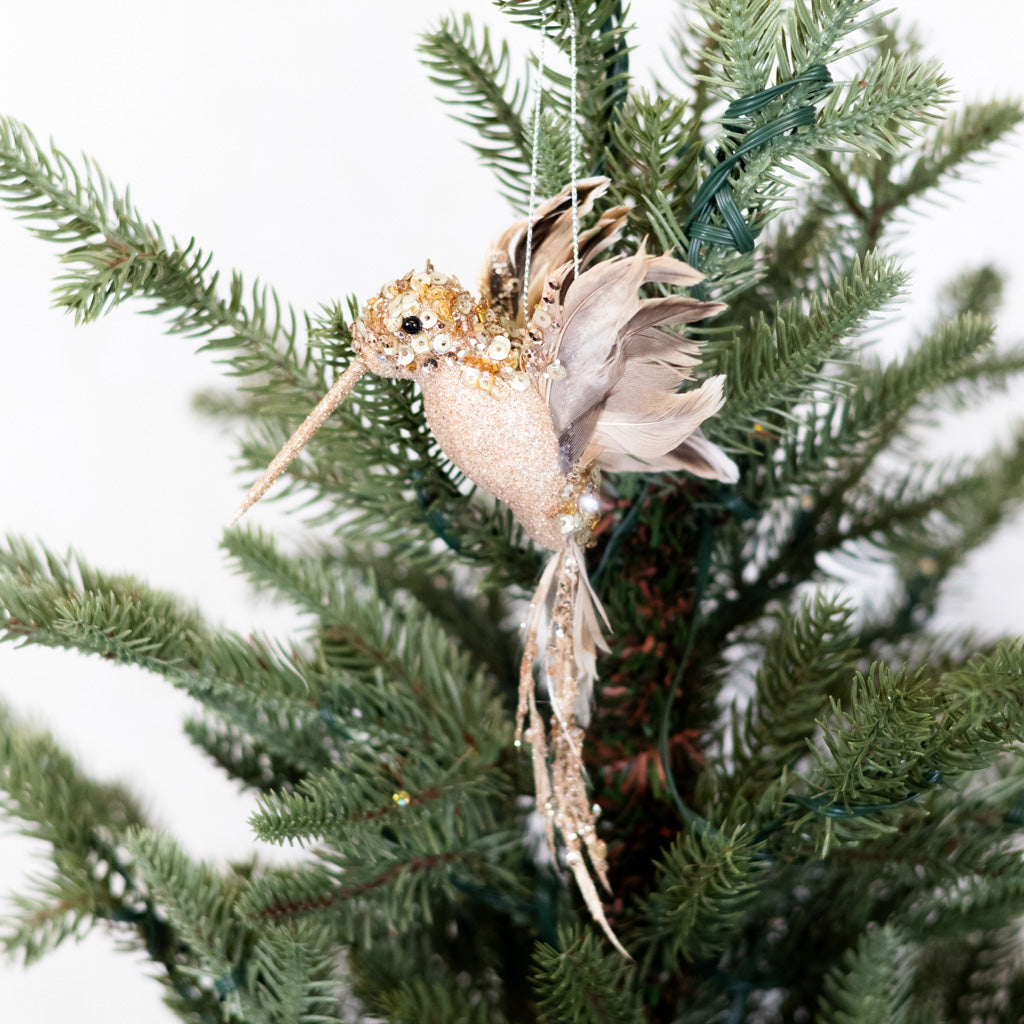 Glitter Sequin Beaded Champagne Hummingbird Ornament