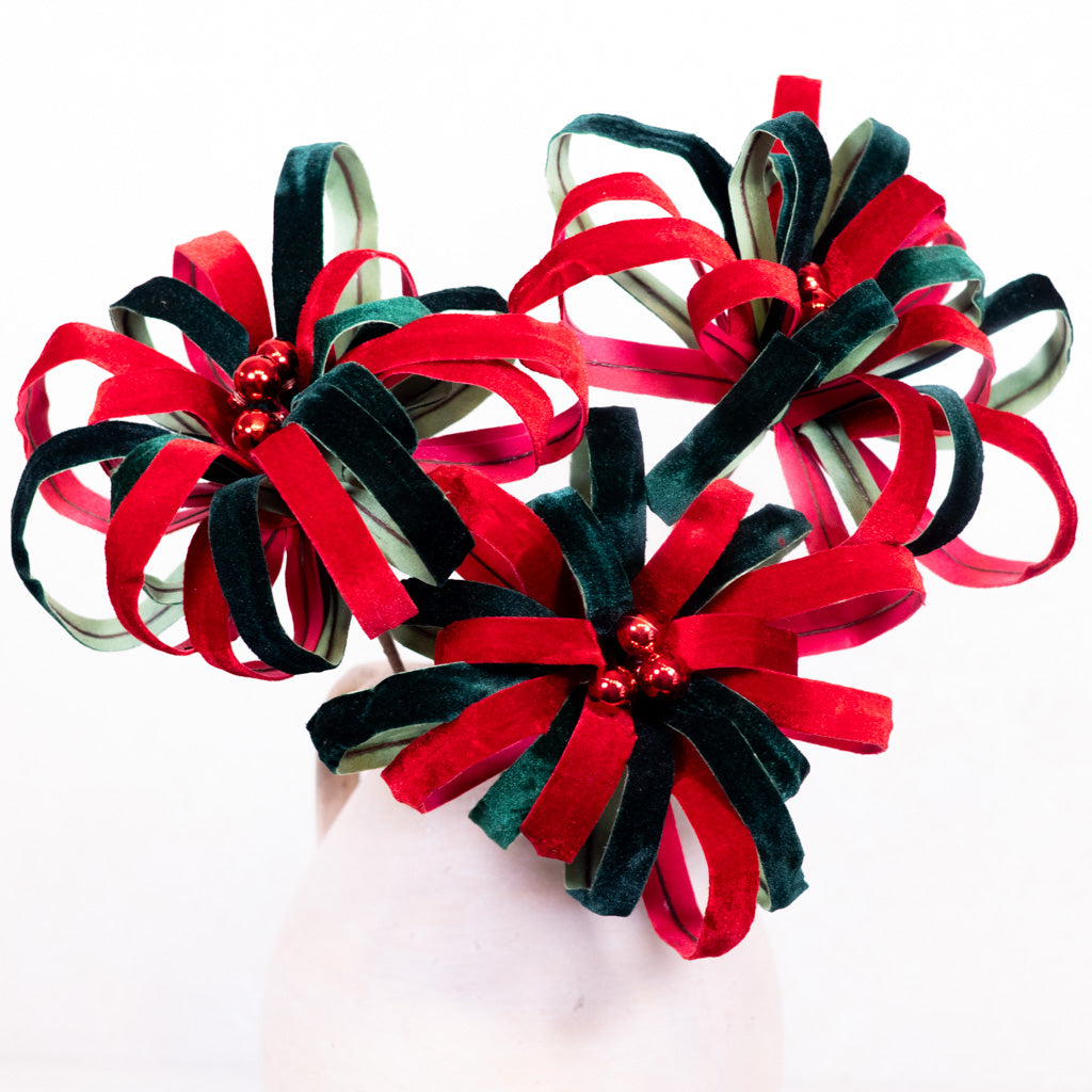 Holiday Loop Flower Velvet Red Green Stem