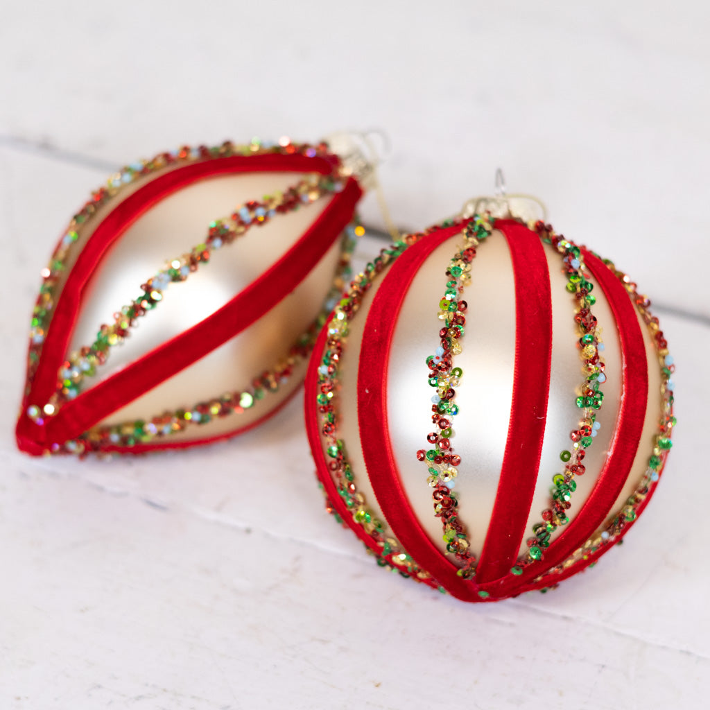 Velvet and Sequin Stripe Ball Gold Red Ornament