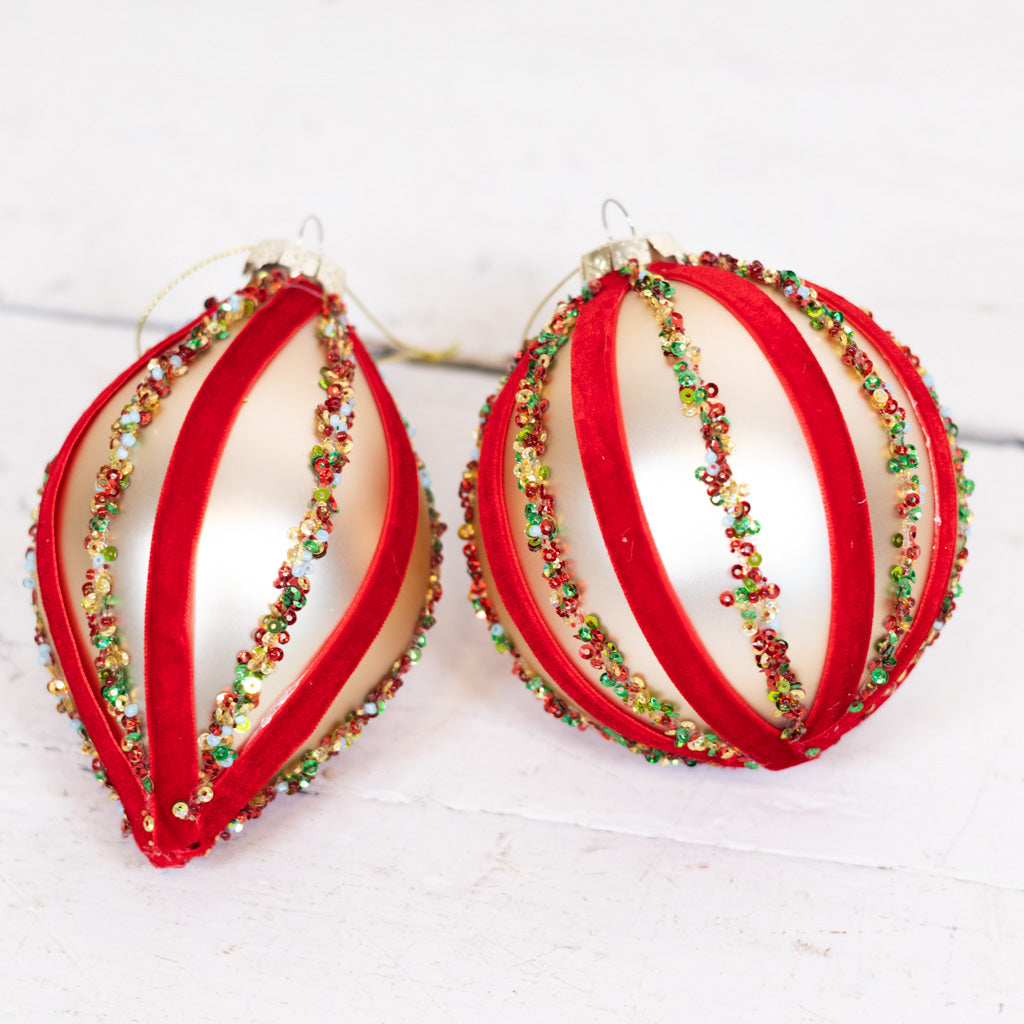 Velvet and Sequin Stripe Teardrop Gold Red Ornament