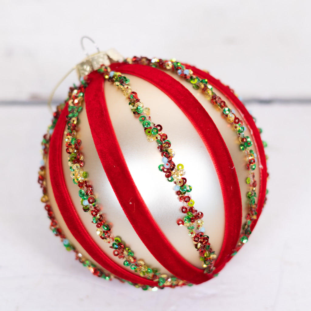 Velvet and Sequin Stripe Ball Gold Red Ornament