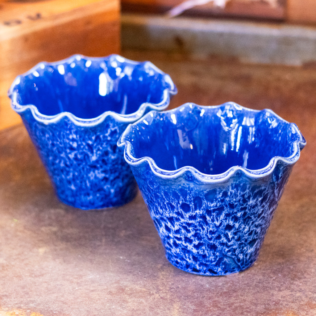 Round Blue Stoneware Planter with Ruffed Edge