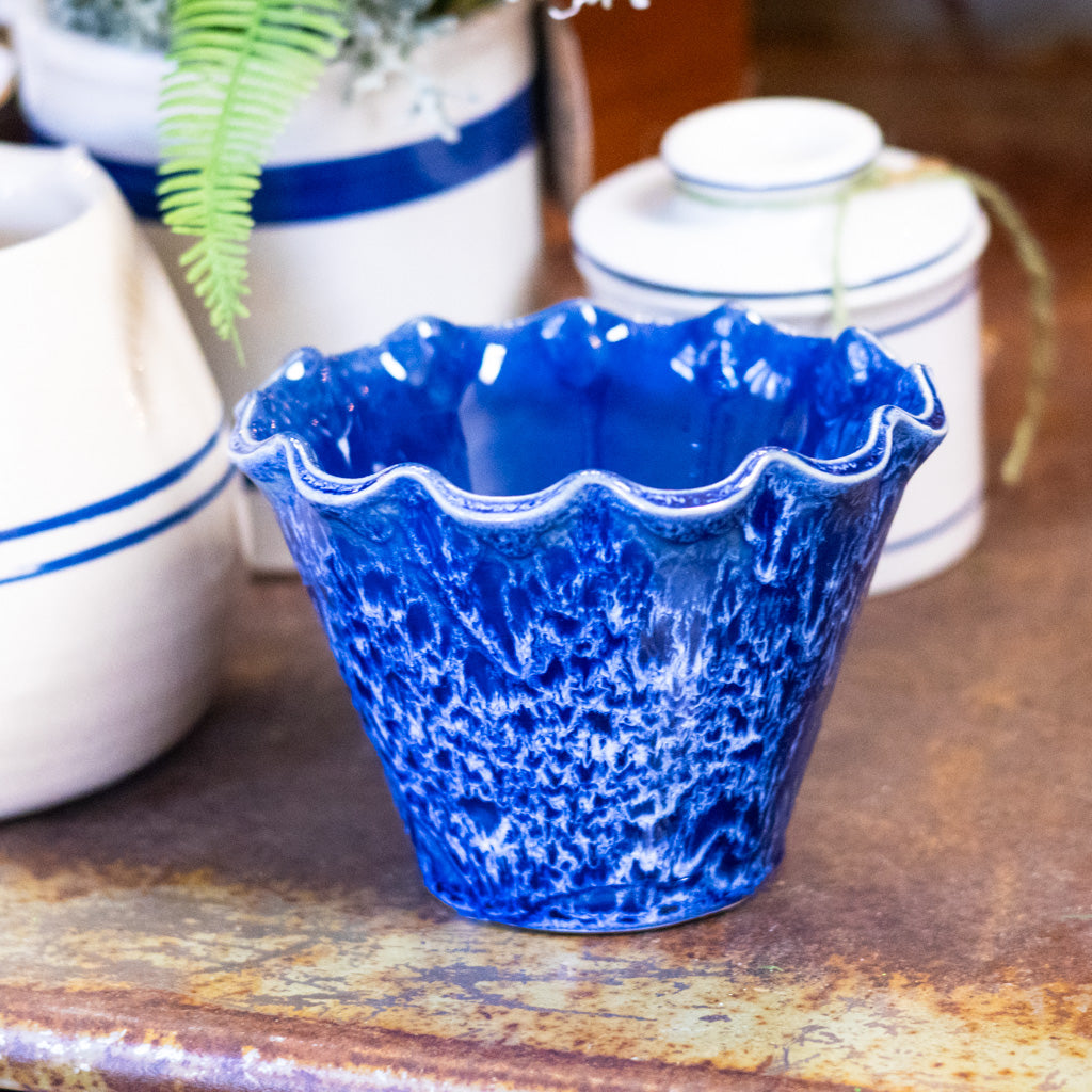 Round Blue Stoneware Planter with Ruffed Edge