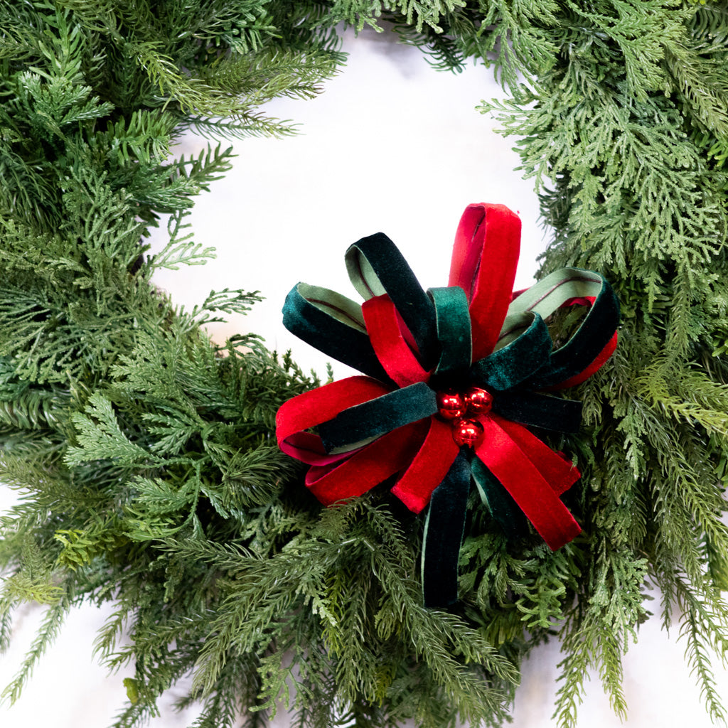 Holiday Loop Flower Velvet Red Green Stem