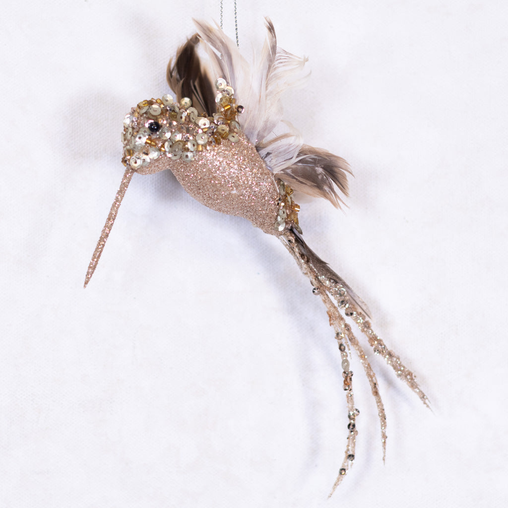 Glitter Sequin Beaded Champagne Hummingbird Ornament