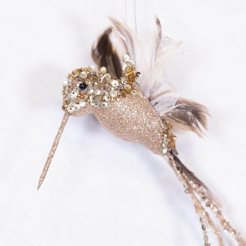 Glitter Sequin Beaded Champagne Hummingbird Ornament