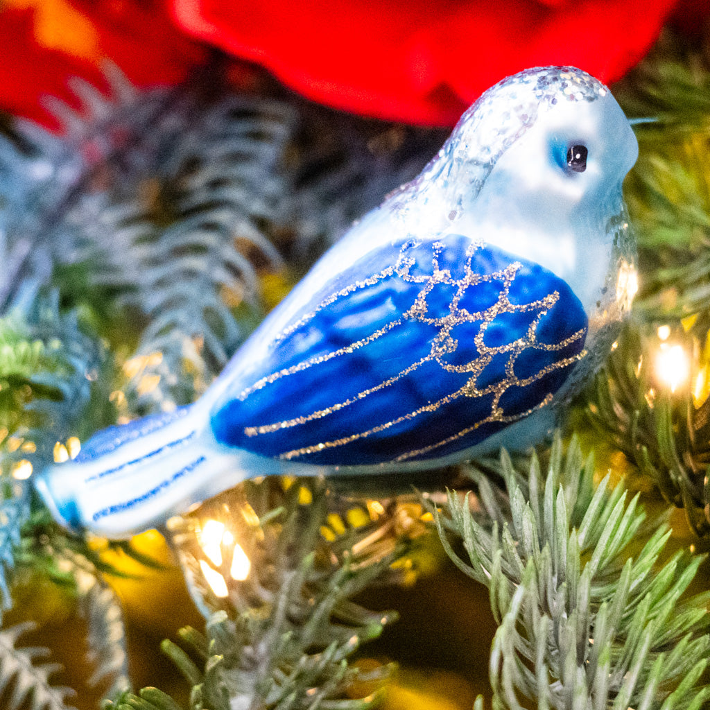 Glass Pale Blue Bird with Clip Ornament