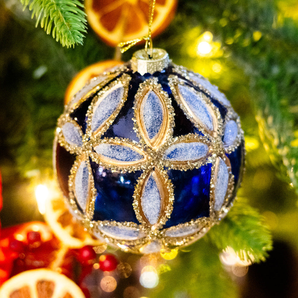 Glass Fluerette Dark Blue Ball Ornament