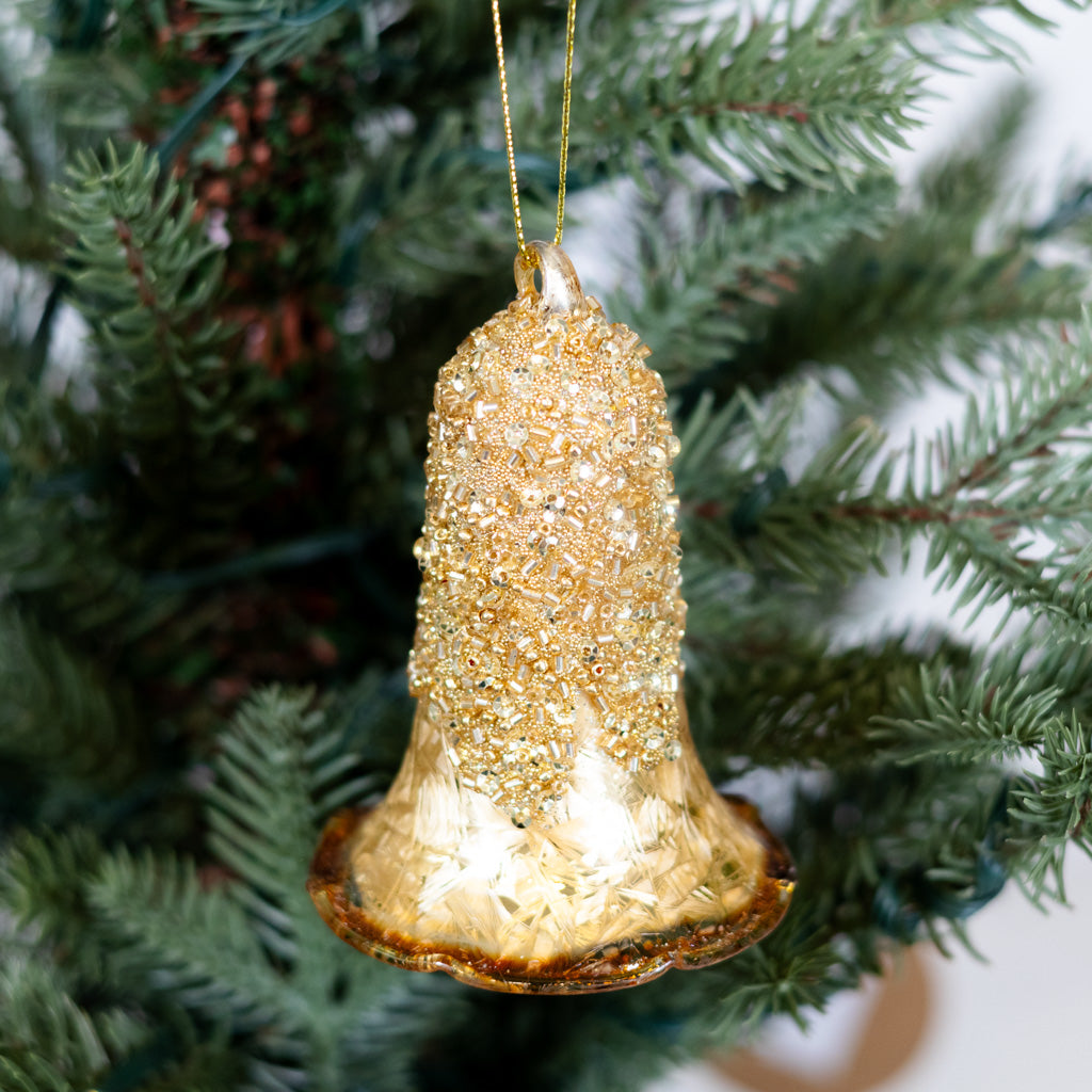 Glass Bell Ornament Gold Sparkle Caramel Rim