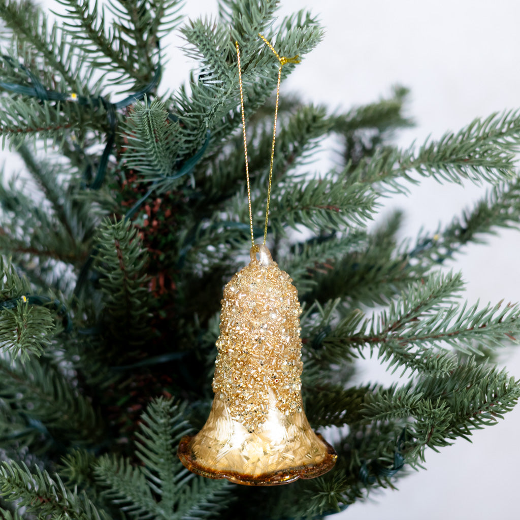 Glass Bell Ornament Gold Sparkle Caramel Rim
