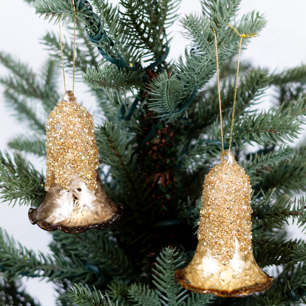 Glass Bell Ornament Gold Sparkle Brown Rim
