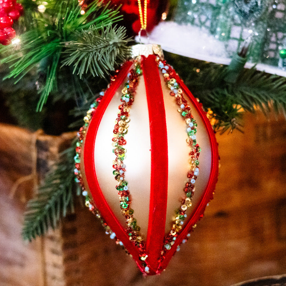 Velvet and Sequin Stripe Teardrop Gold Red Ornament