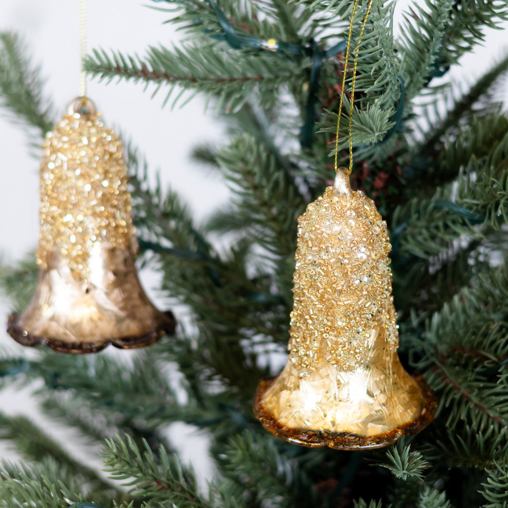 Glass Bell Ornament Gold Sparkle Caramel Rim