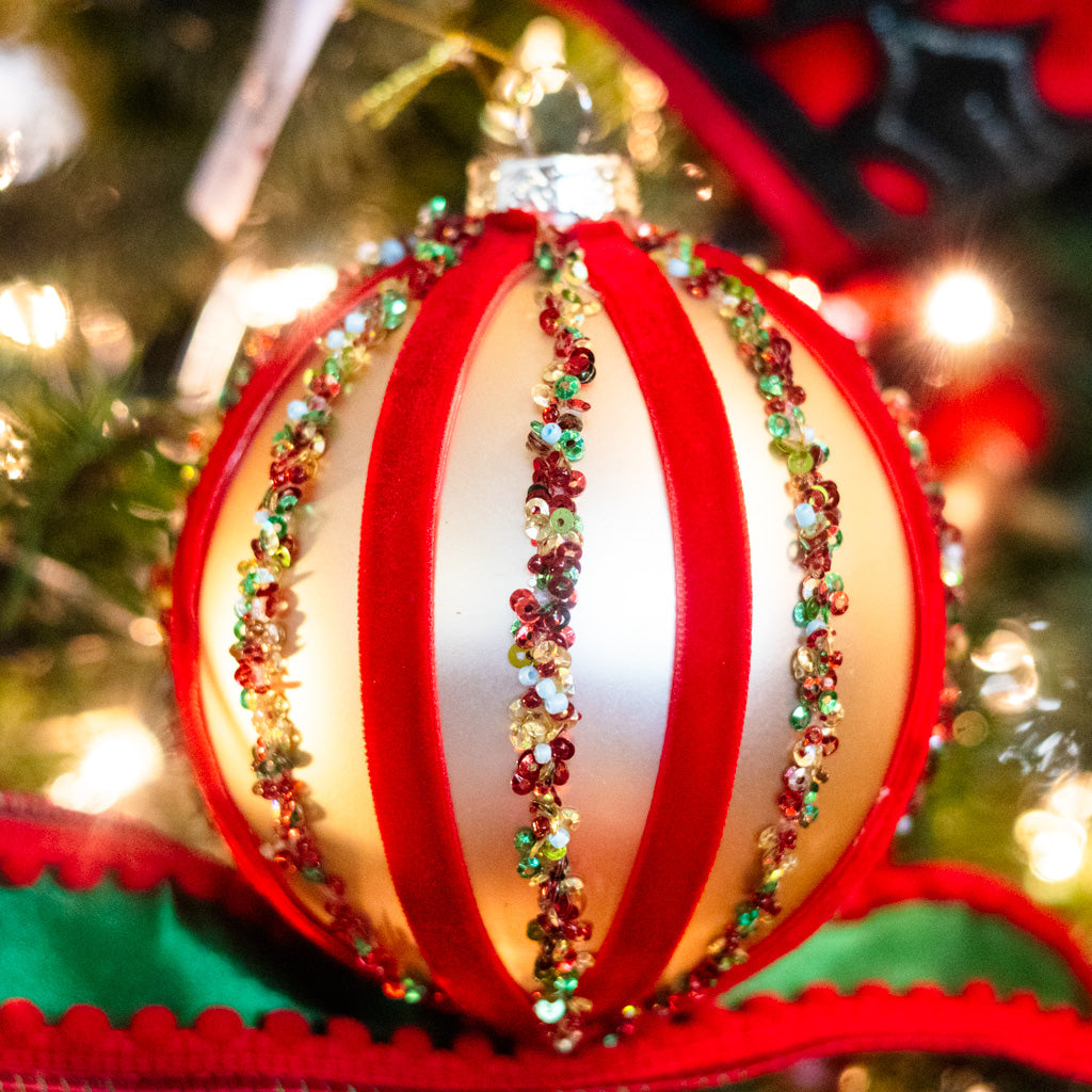 Velvet and Sequin Stripe Ball Gold Red Ornament