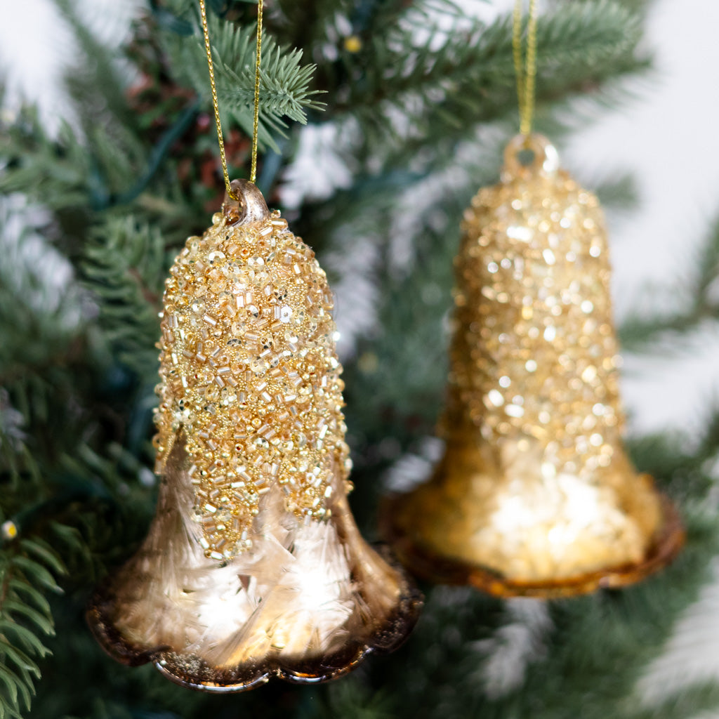 Glass Bell Ornament Gold Sparkle Brown Rim