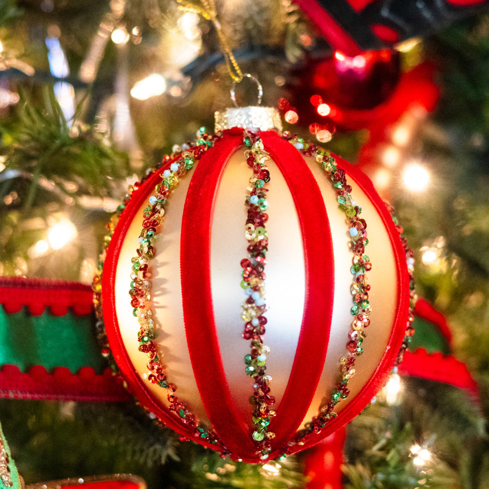Velvet and Sequin Stripe Ball Gold Red Ornament