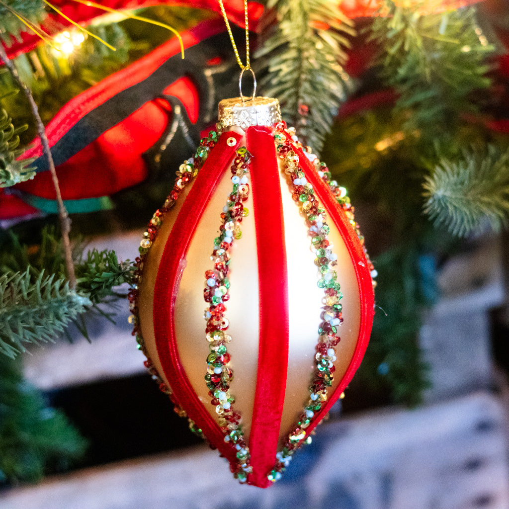 Velvet and Sequin Stripe Teardrop Gold Red Ornament
