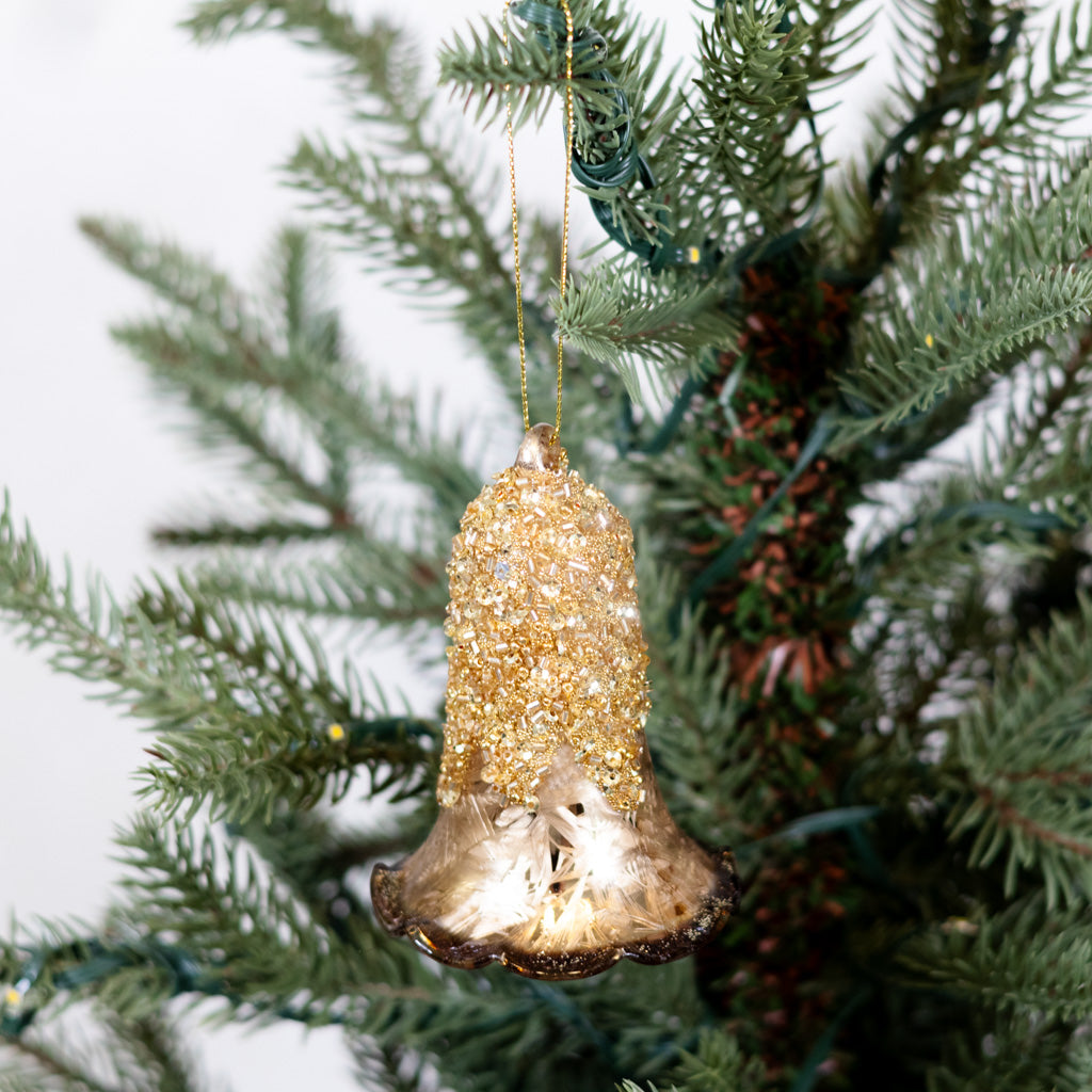 Glass Bell Ornament Gold Sparkle Brown Rim