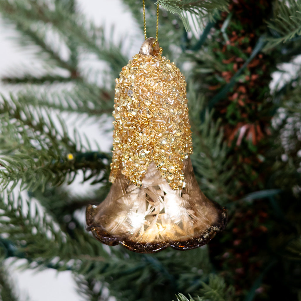 Glass Bell Ornament Gold Sparkle Brown Rim