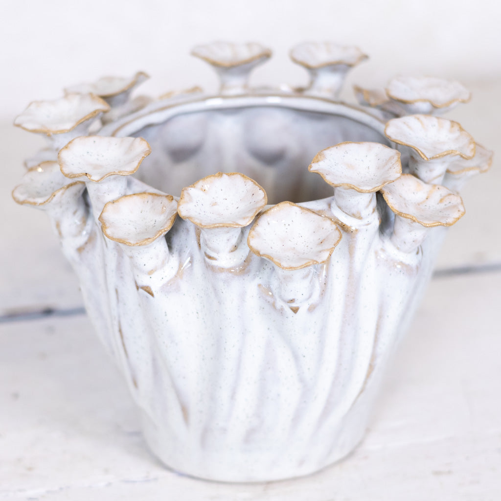 Stoneware Pot with Flower Rim Cream Tan