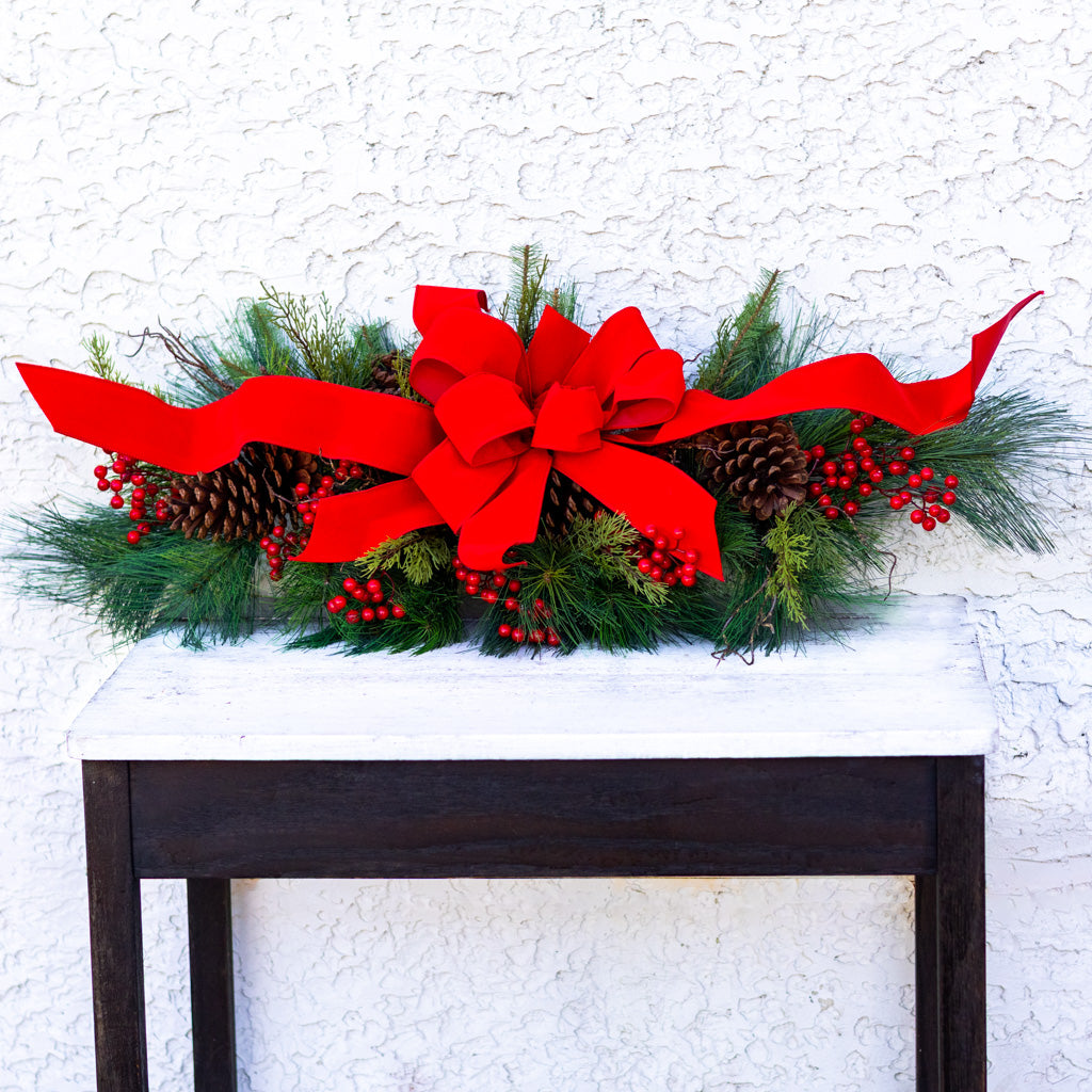 Decorated Outdoor Mailbox Swag with Berries, Pine and Red Velvet Ribbon