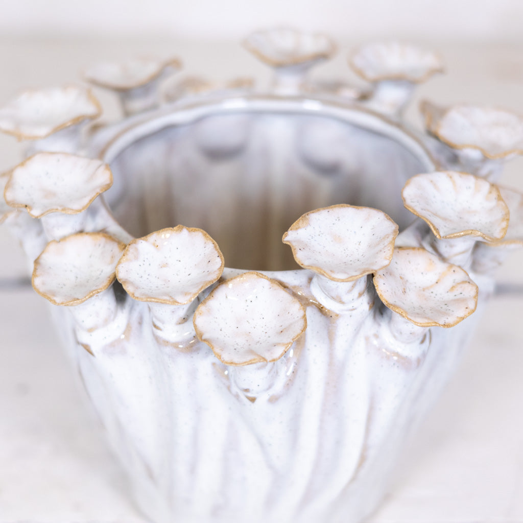 Stoneware Pot with Flower Rim Cream Tan
