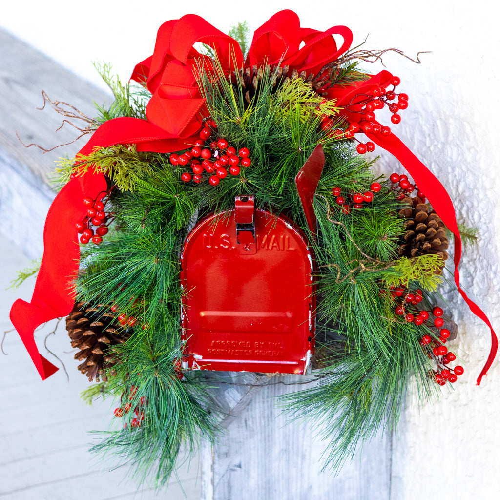 Decorated Outdoor Mailbox Swag with Berries, Pine and Red Velvet Ribbon