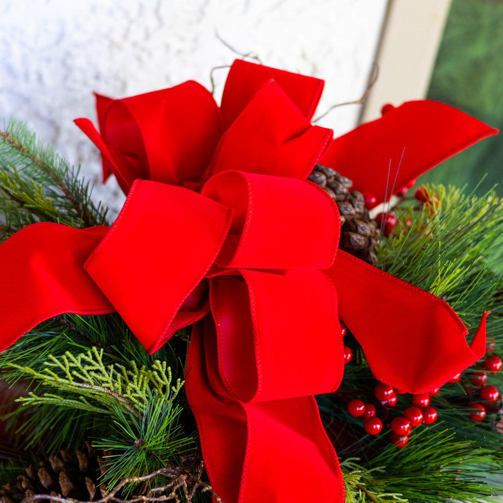 Decorated Outdoor Mailbox Swag with Berries, Pine and Red Velvet Ribbon
