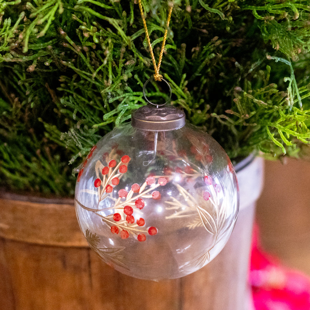 Etched Glass Ball with Botanical Design Ornament