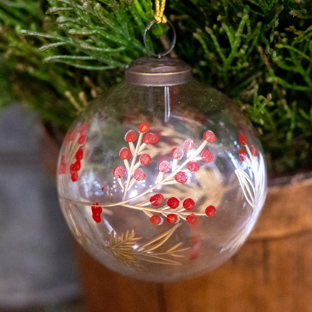 Etched Glass Ball with Botanical Design Ornament