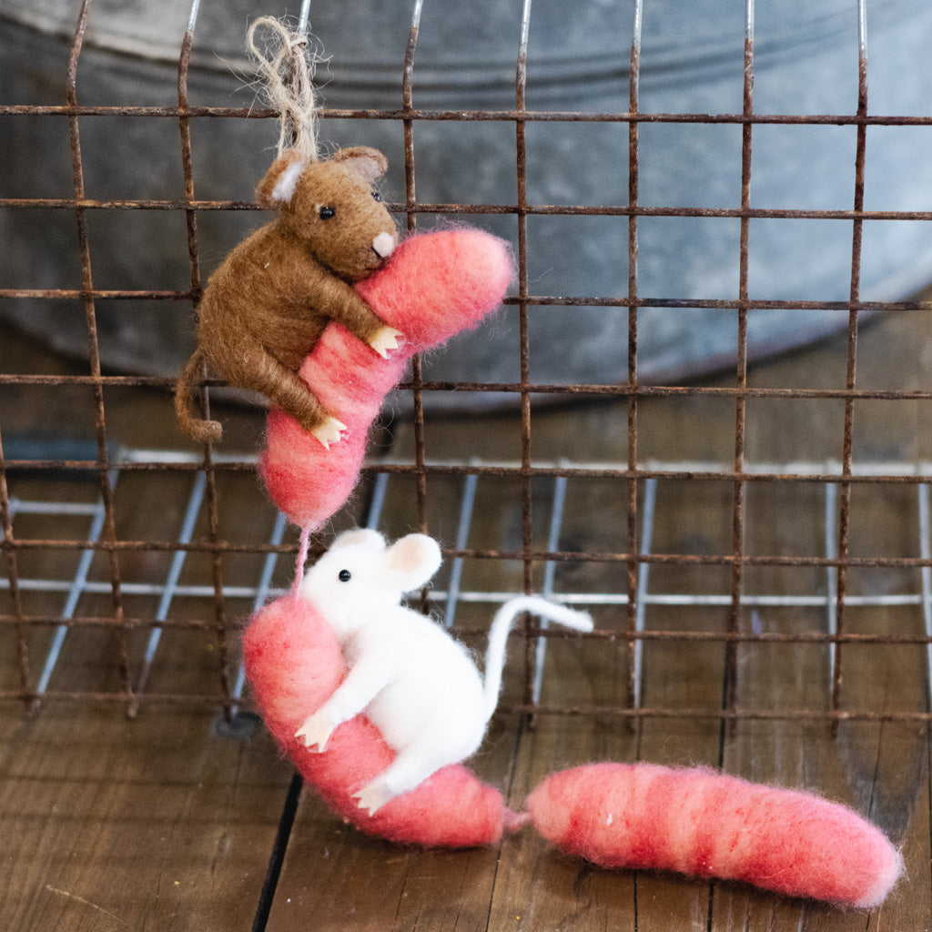 Wool Felt Mice on Sausage Food Ornament