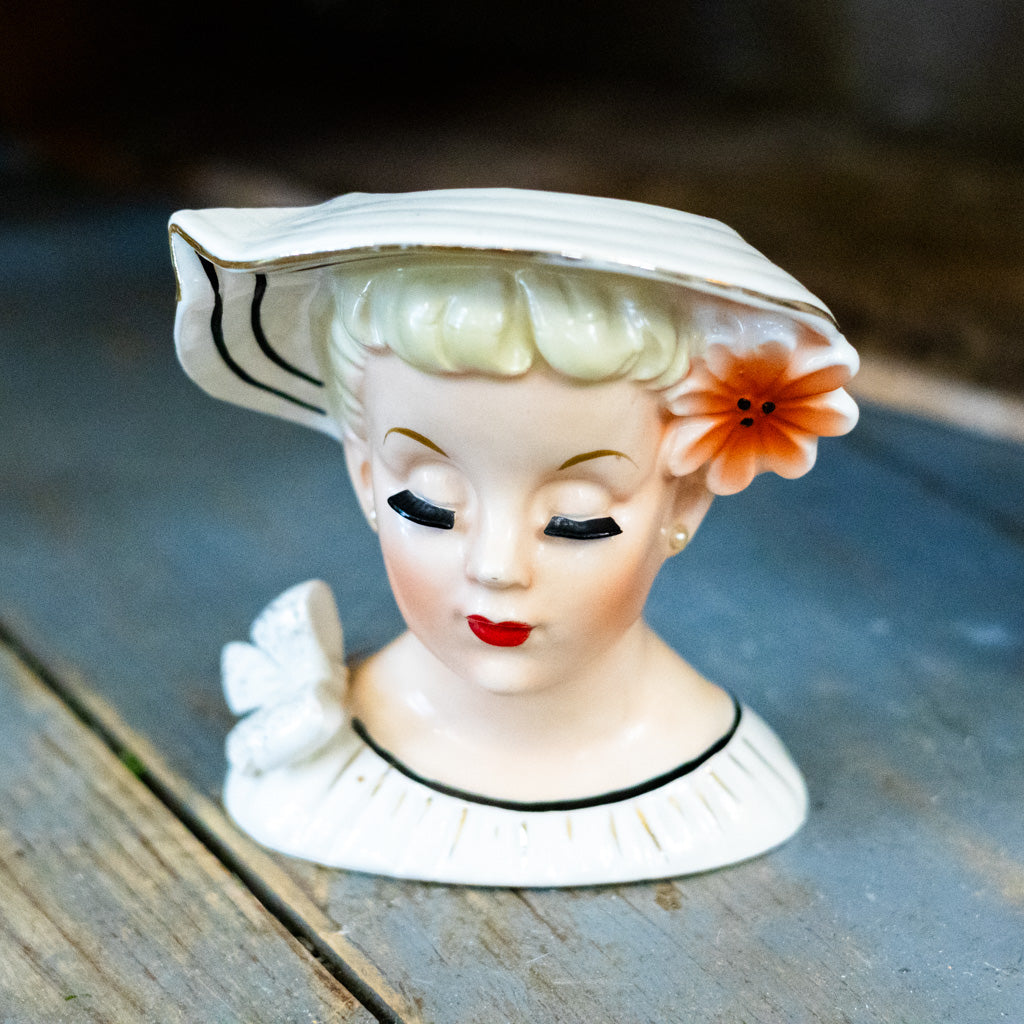 Vintage Enesco Lady w/ Pink Flower Head Vase