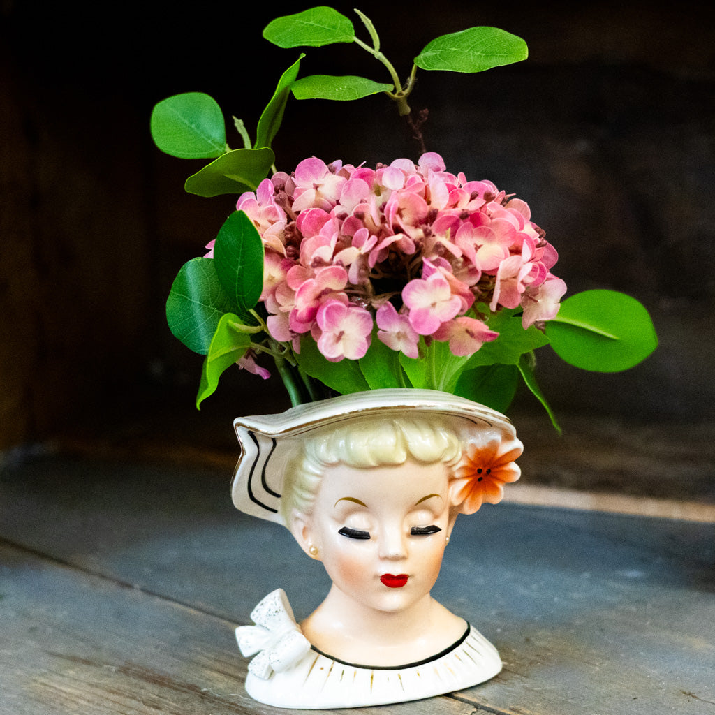 Vintage Enesco Lady w/ Pink Flower Head Vase