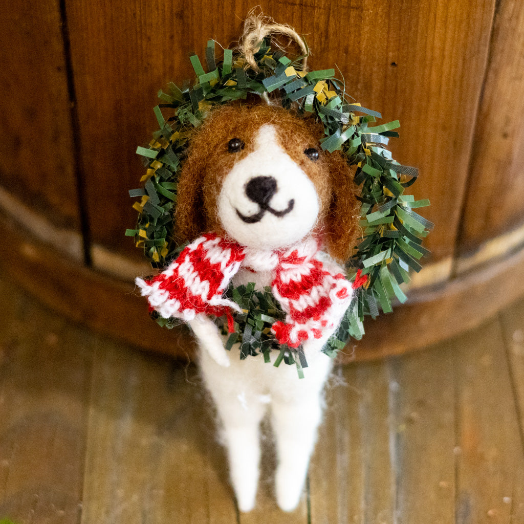 Felt Dog in Wreath Ornament