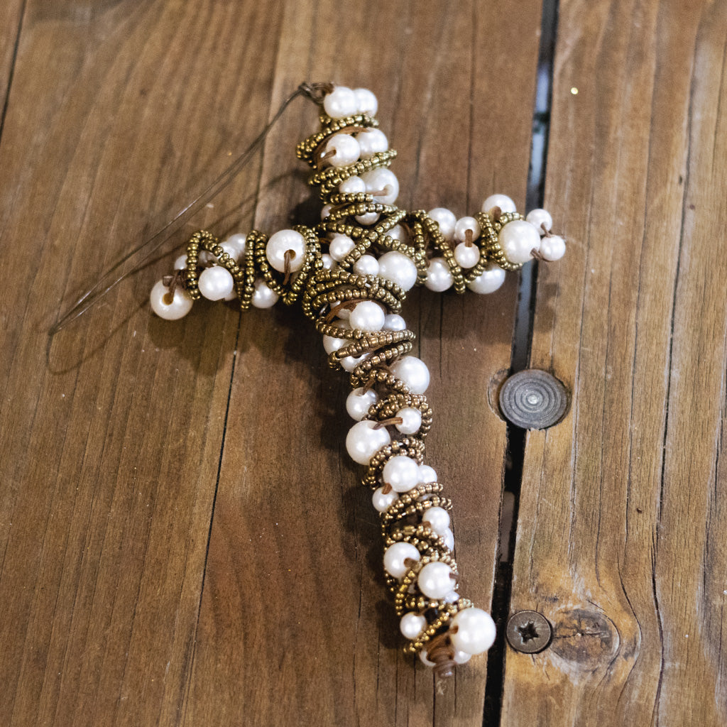 Metal Wire Cross with White Beads and Gold Roping