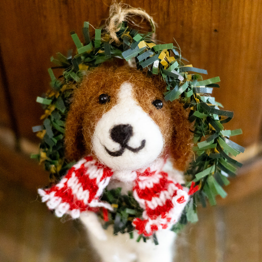 Felt Dog in Wreath Ornament