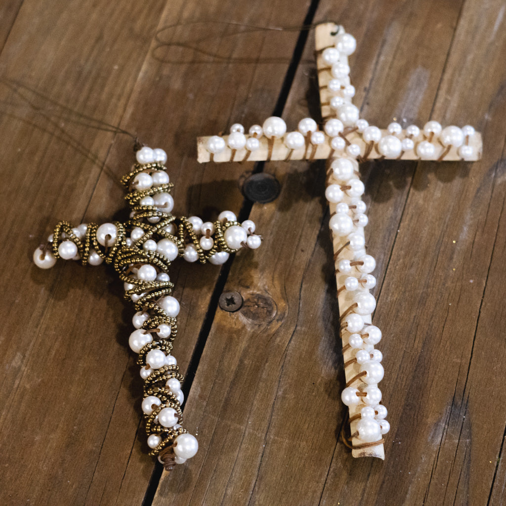 Metal Wire Cross with White Beads