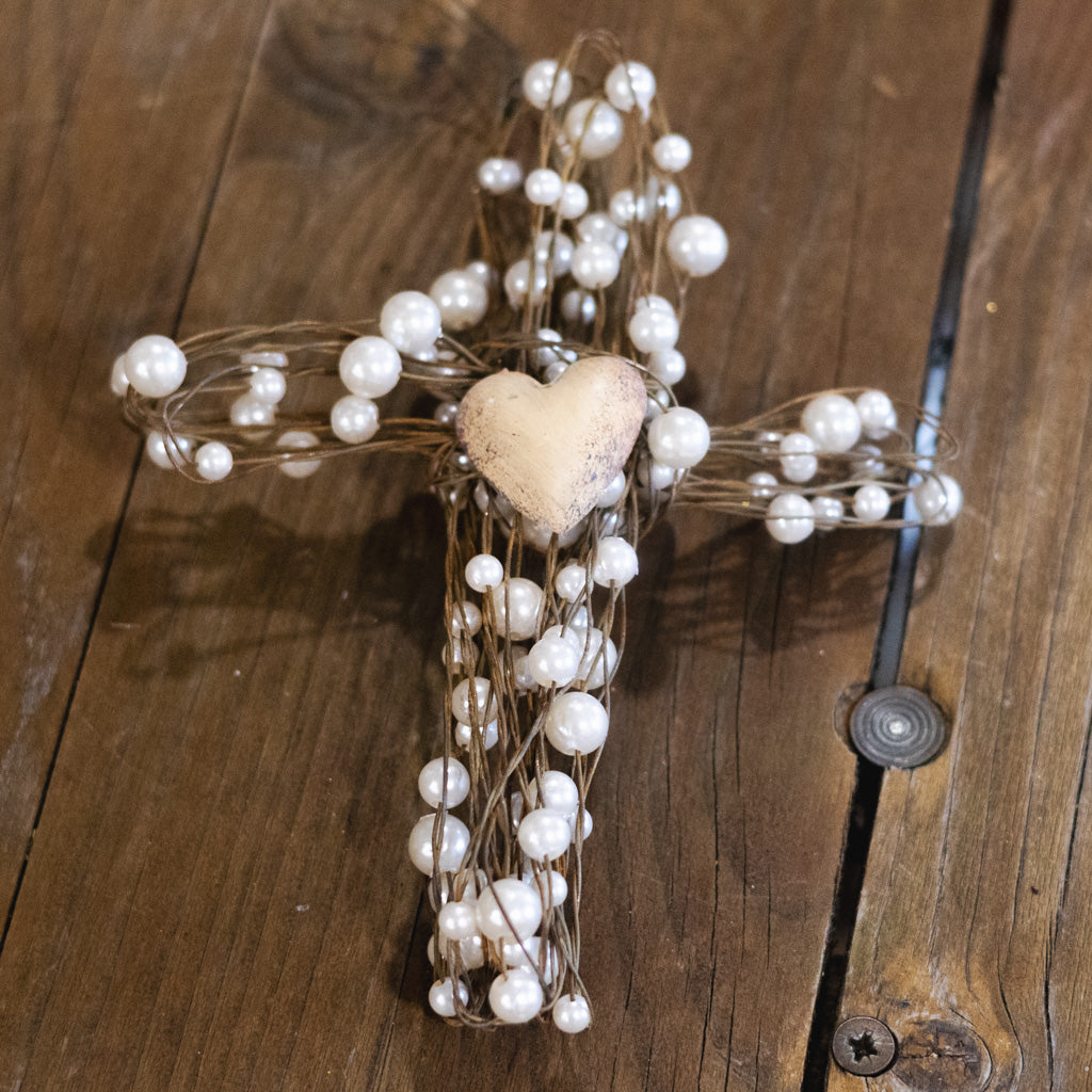 Metal Wire Cross with Beads and Heart