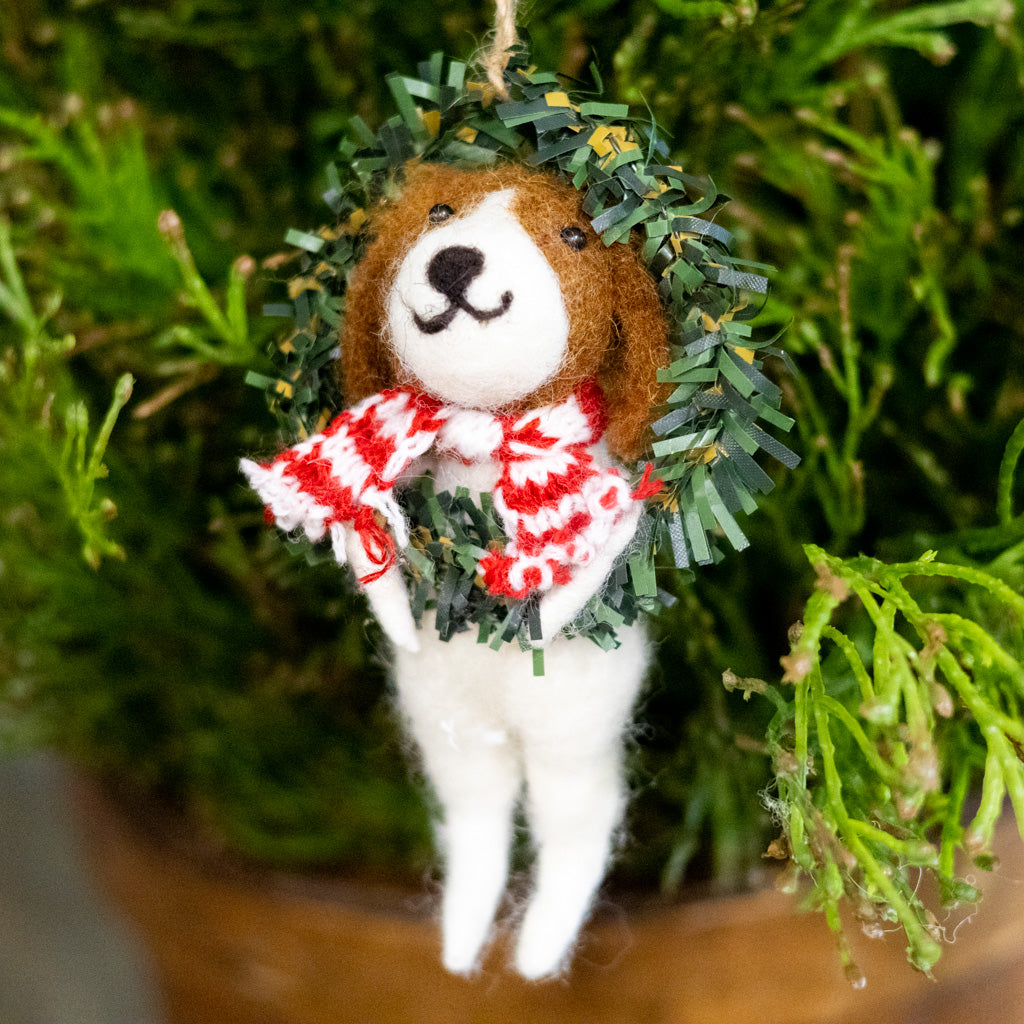 Felt Dog in Wreath Ornament