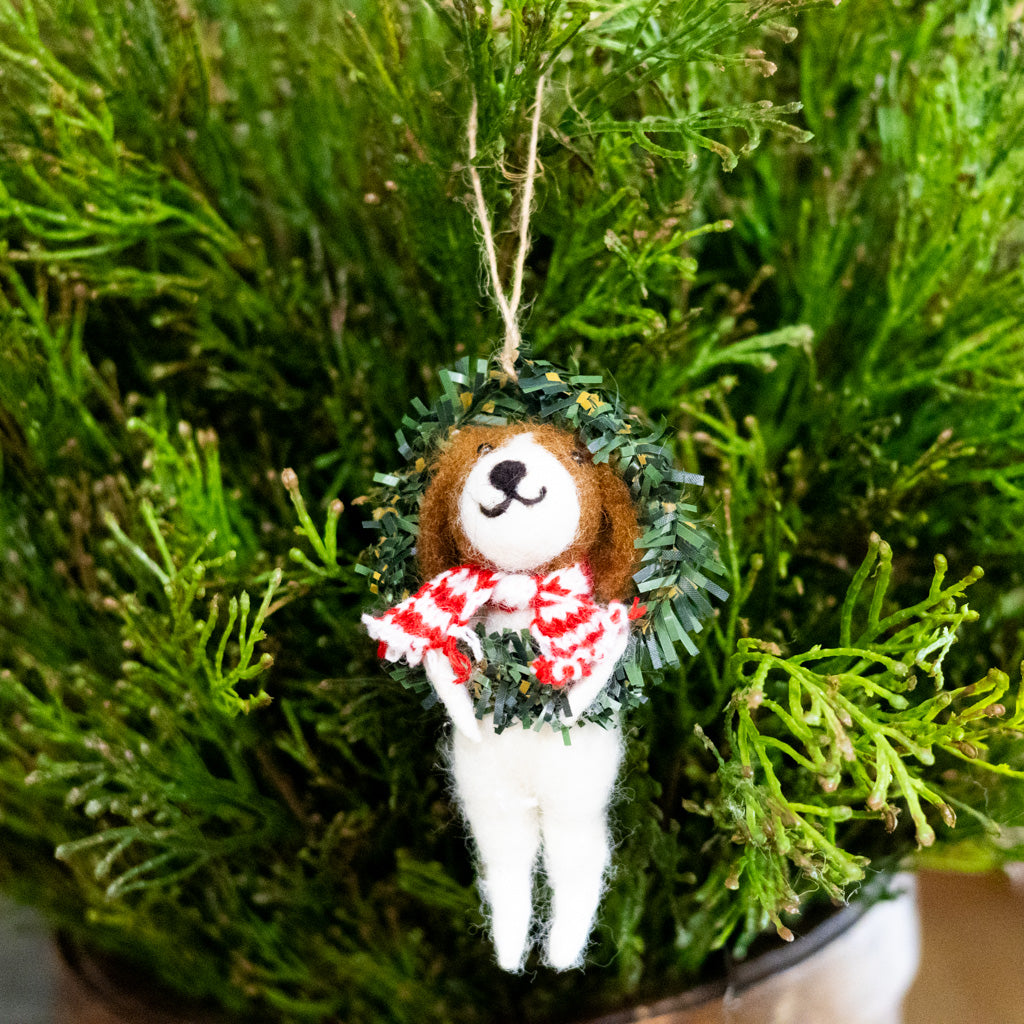 Felt Dog in Wreath Ornament