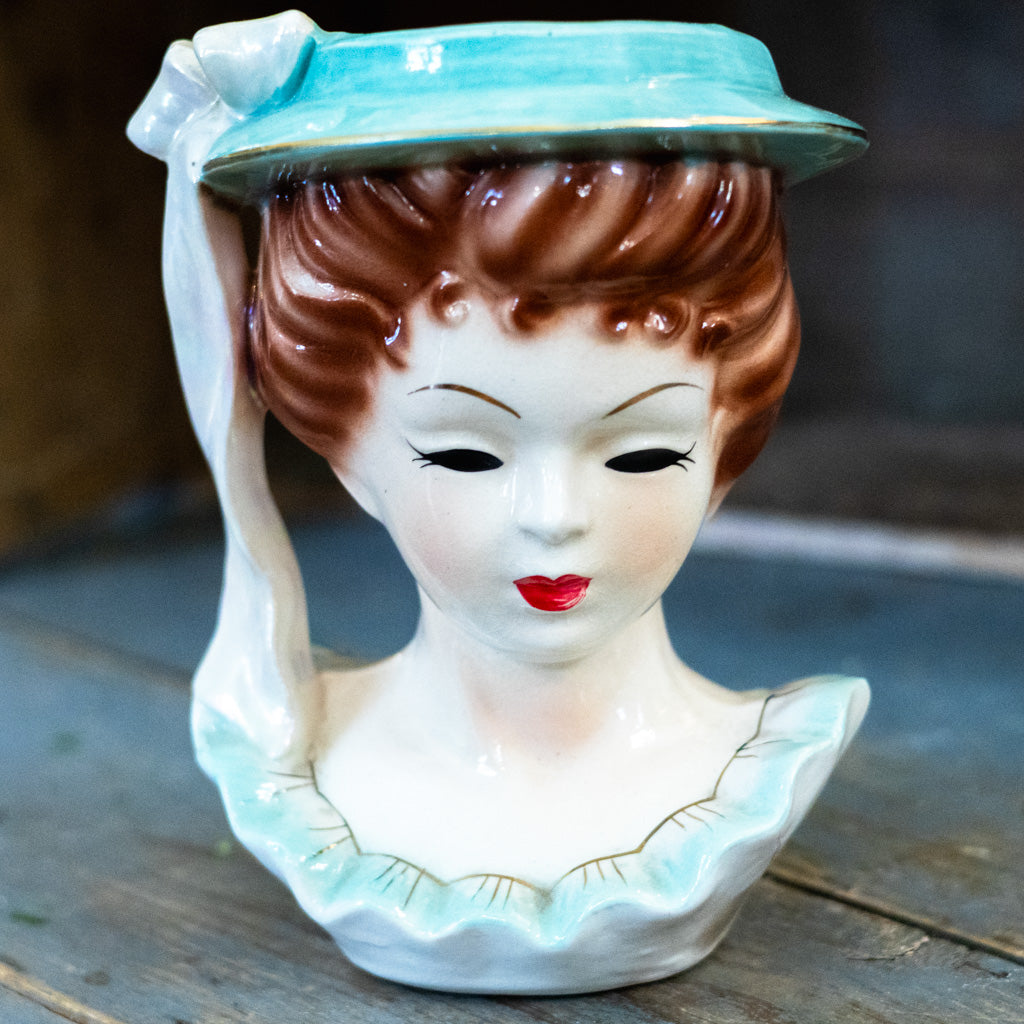 Vintage 1956 Teal Lady Head Vase