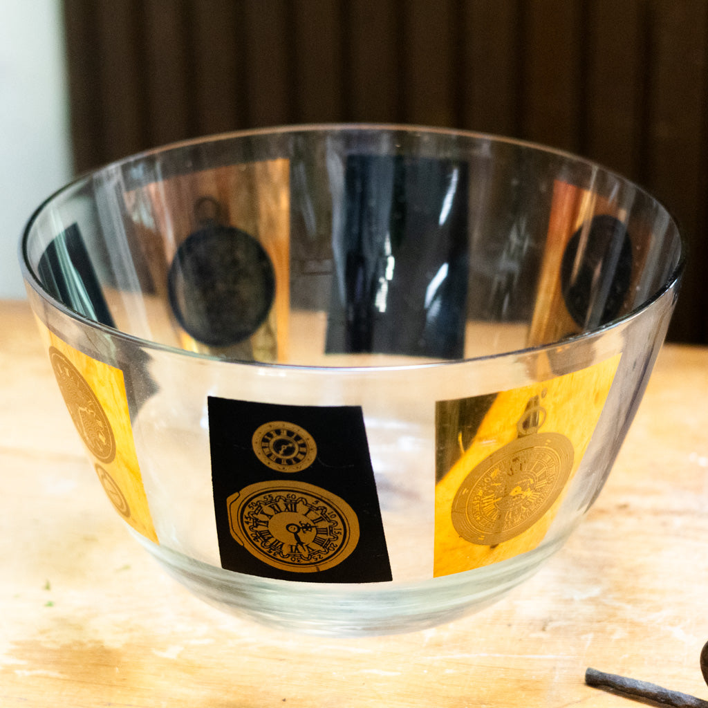 Mid Century Modern Glass Bowl with Black and Gold Clocks