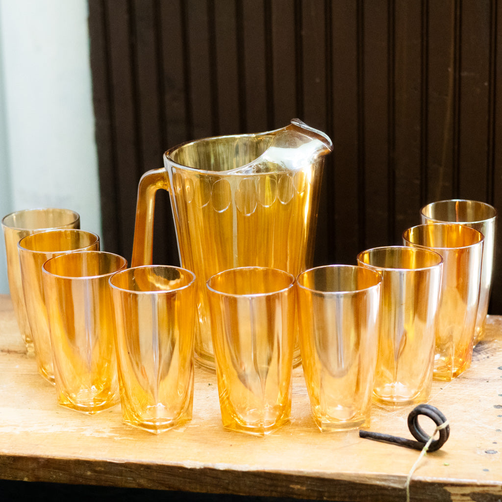 Jeanette Carnival Glass Pitcher and Glasses Set of Ten