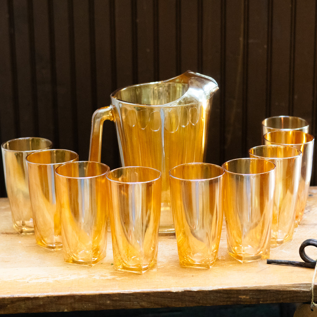 Jeanette Carnival Glass Pitcher and Glasses Set of Ten