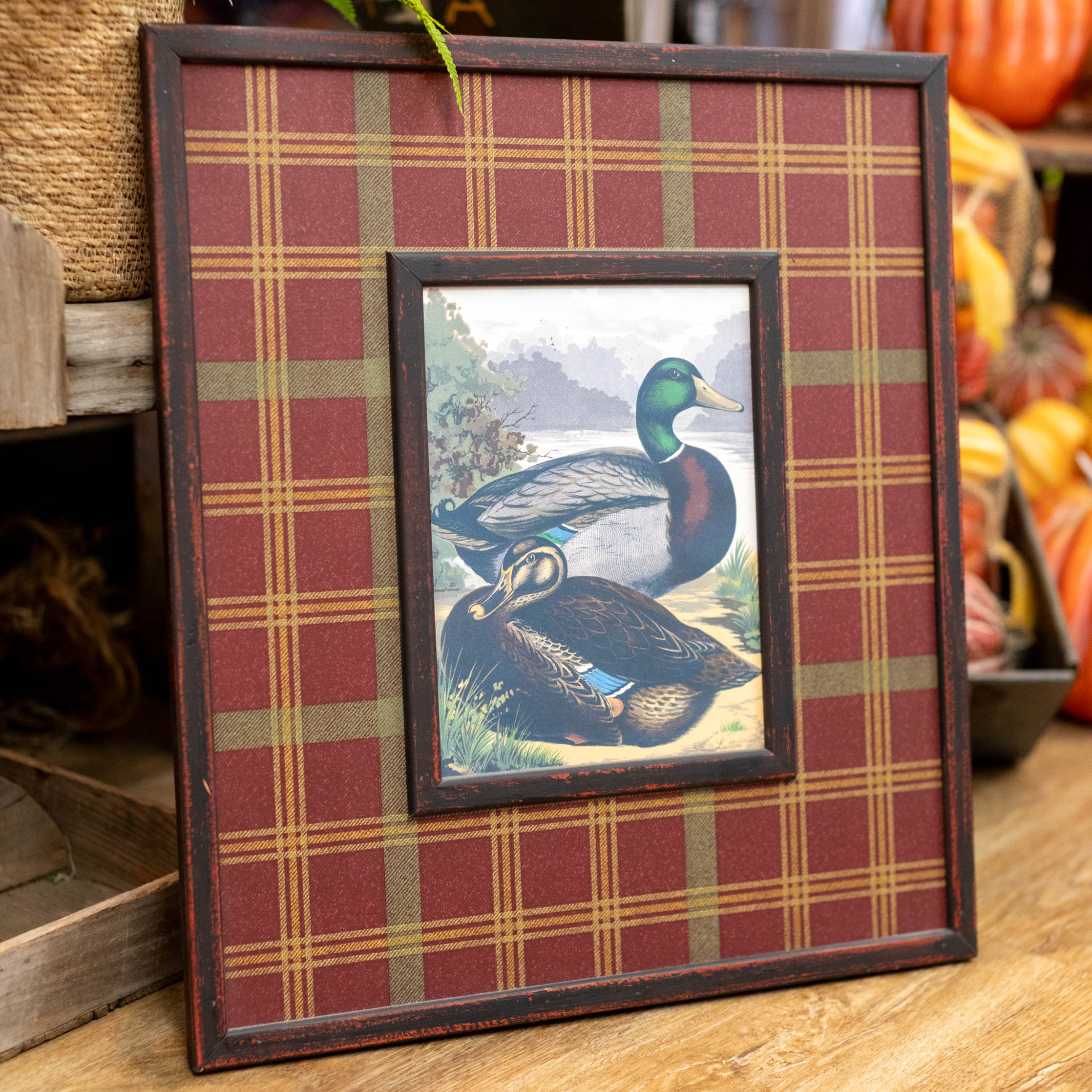 Framed Mallard Print on Plaid Heavy Board